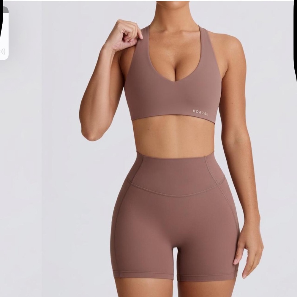 Bo + tee Soft Active V-Neck Sports Bra and mini shorts in Mocha. Both size M .